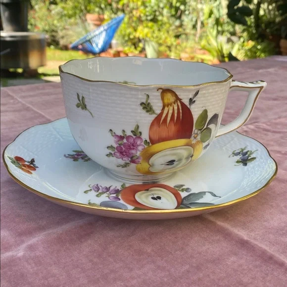 Herend Handpainted fruit and flora large tea cup and saucer plate. Antique - Picture 1 of 16